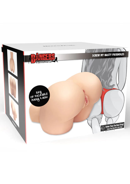 Retaildoos van beige kunstmatige seksspeeltje, met tekst over discreet transport.