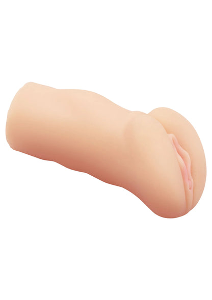 Seksspeeltje met realistische huidkleurige vorm en opening, lang zijaanzicht