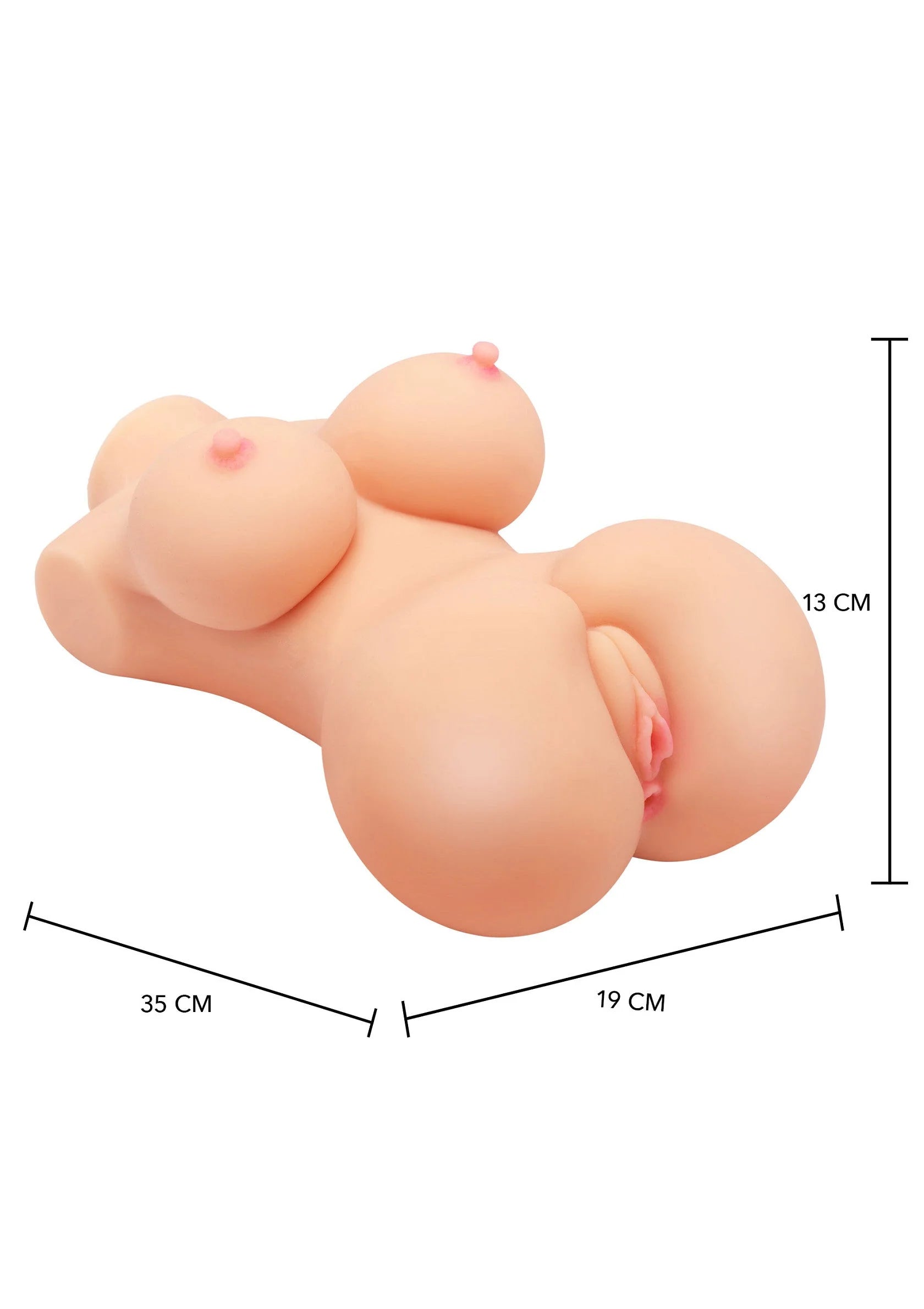Sekspop, zijaanzicht met maatindicaties 35 cm, 19 cm en 13 cm, roze huid