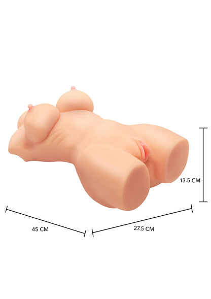 Naakte torso van zachte kunsthuid, liggend, met ronde borsten en opening bij kruis
