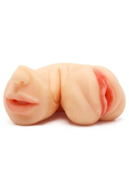 Realistische beige masturbator met roze binnenkant, vooraanzicht.
