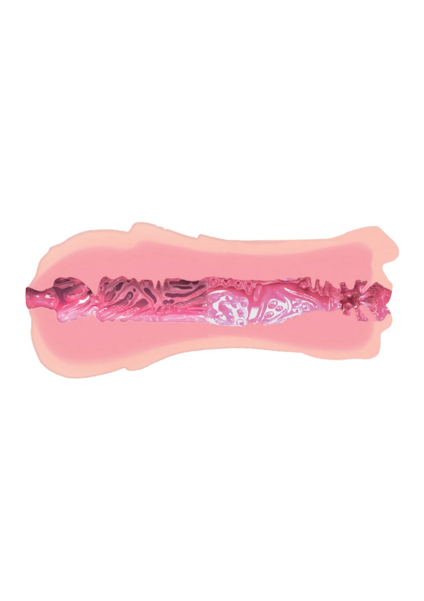 Doorsnede van realistische beige masturbator met roze interne structuur.