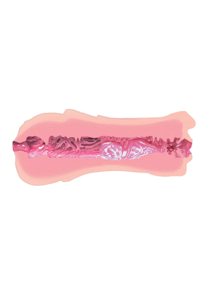 Doorsnede van realistische beige masturbator met roze interne structuur.