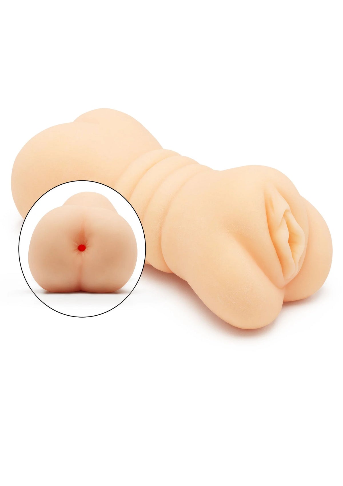 Beige dubbelzijdig seksspeeltje met getextureerde opening en inzetdetail