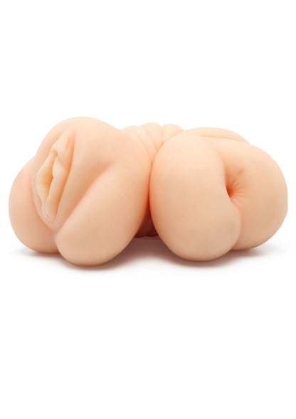 Beige dubbelzijdig seksspeeltje met twee ronde, getextureerde uiteinden