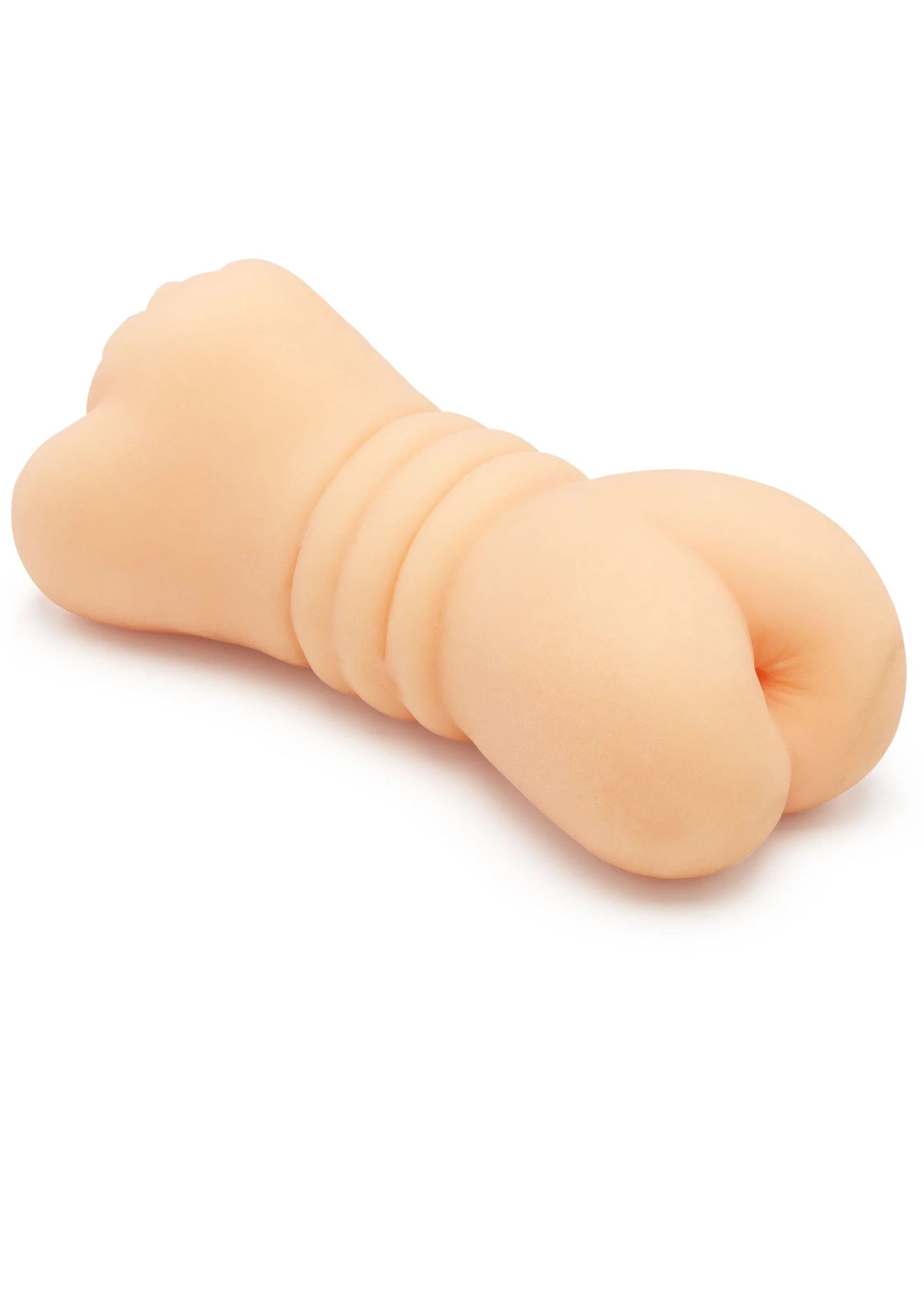 Beige opgerolde vorm van seksspeeltje met gladde schacht en afgeronde rand