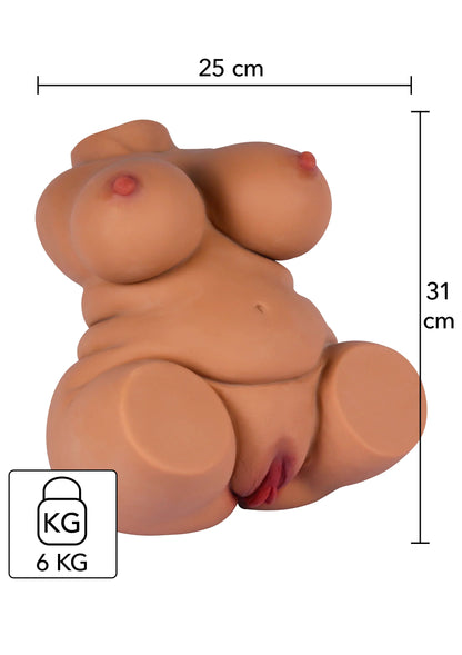 Naakte popvorm seksspeeltje, zijaanzicht met maatlijnen 25 cm en 31 cm; 6 kg.
