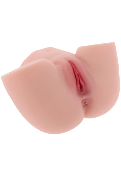 Zijaanzicht van roze kunstmatige vagina met smalle opening en randen