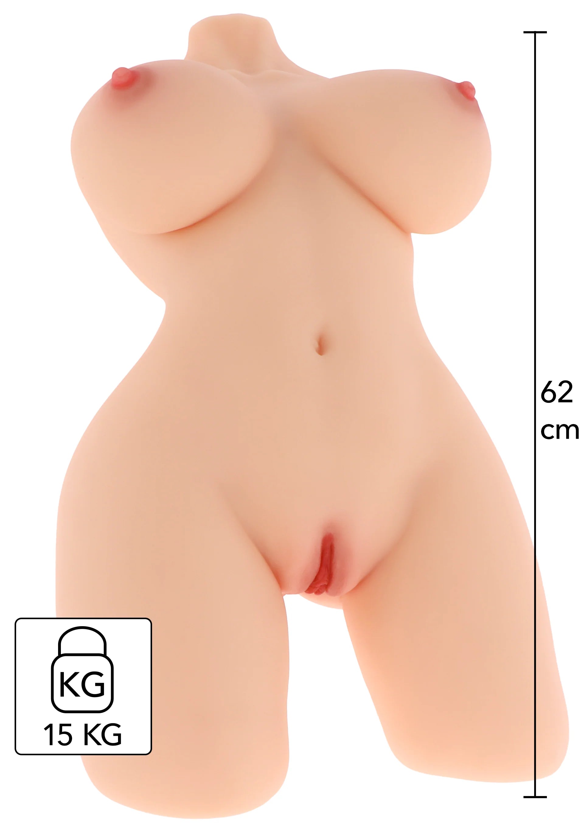 Lichtroze naaktvormpop; 62 cm hoog, met 15 kg markering op de afbeelding