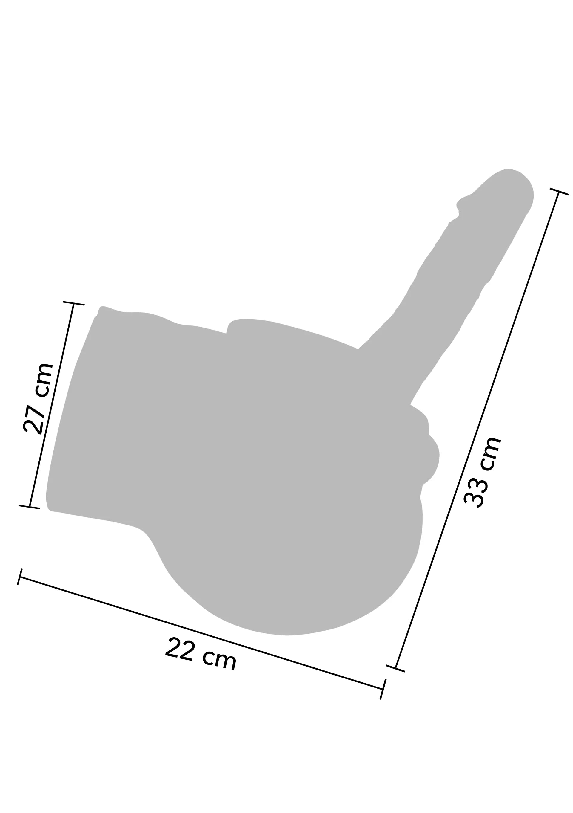 Grijs silhouet van seksspeeltje met afmetingen: 27 cm, 33 cm en 22 cm.
