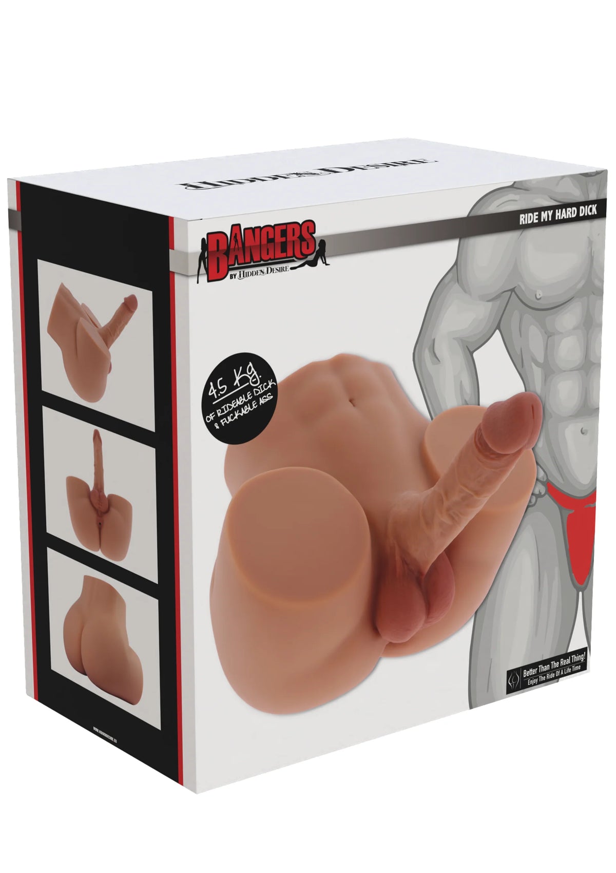 Verpakkingsdoos met afbeelding van vleeskleurig seksspeeltje en meerdere producthoeken.
