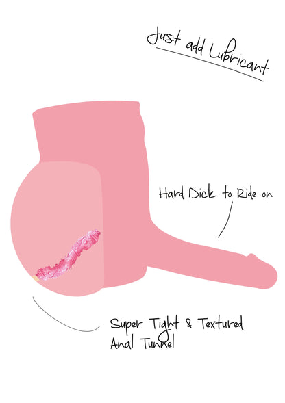 Roze illustratie met labels over seksspeeltje, textuur en handgreep om te dragen.