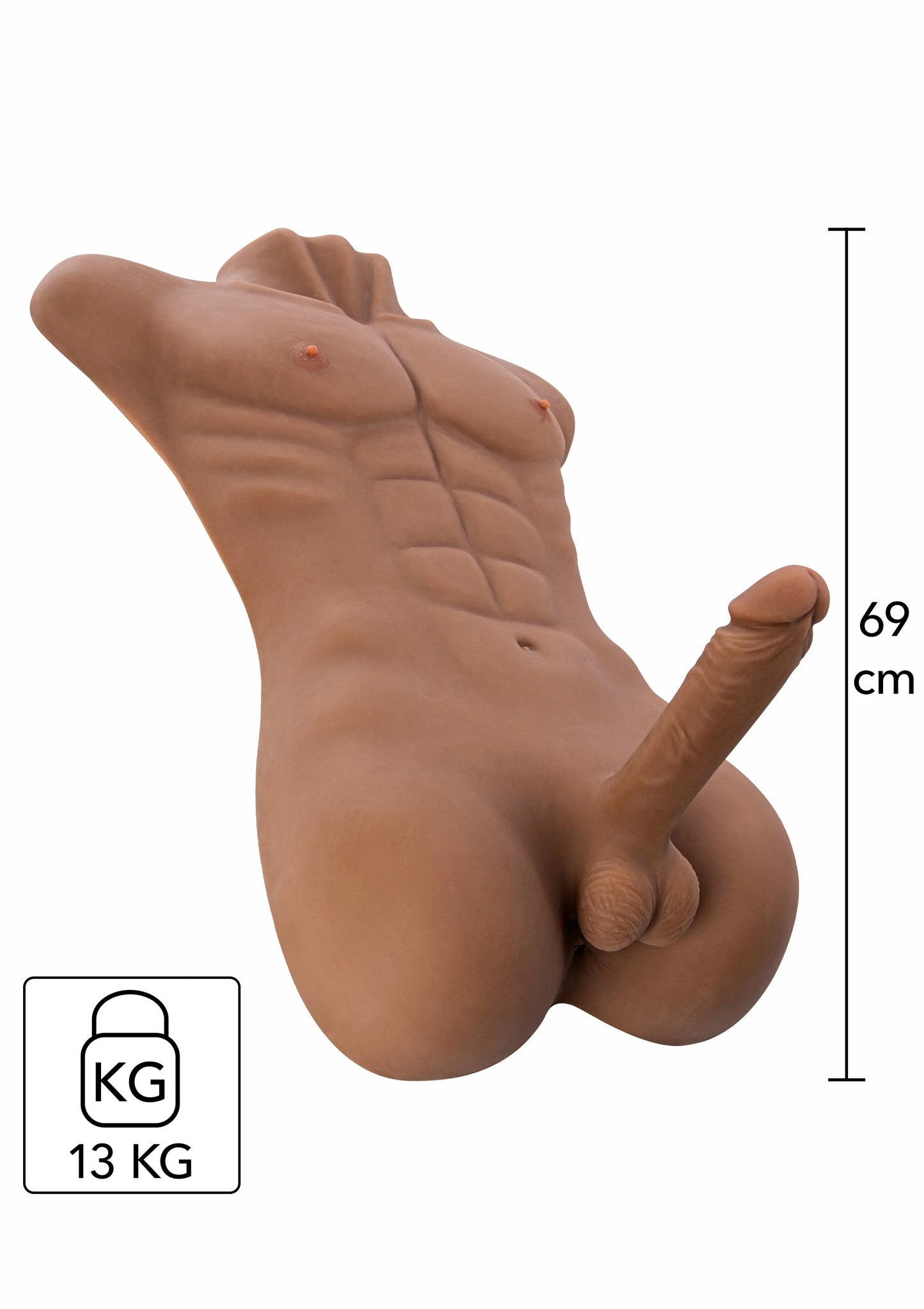 Mannelijke sekspop van opzij, bruin kunstleer, benen gespreid, maatindicatie 69 cm