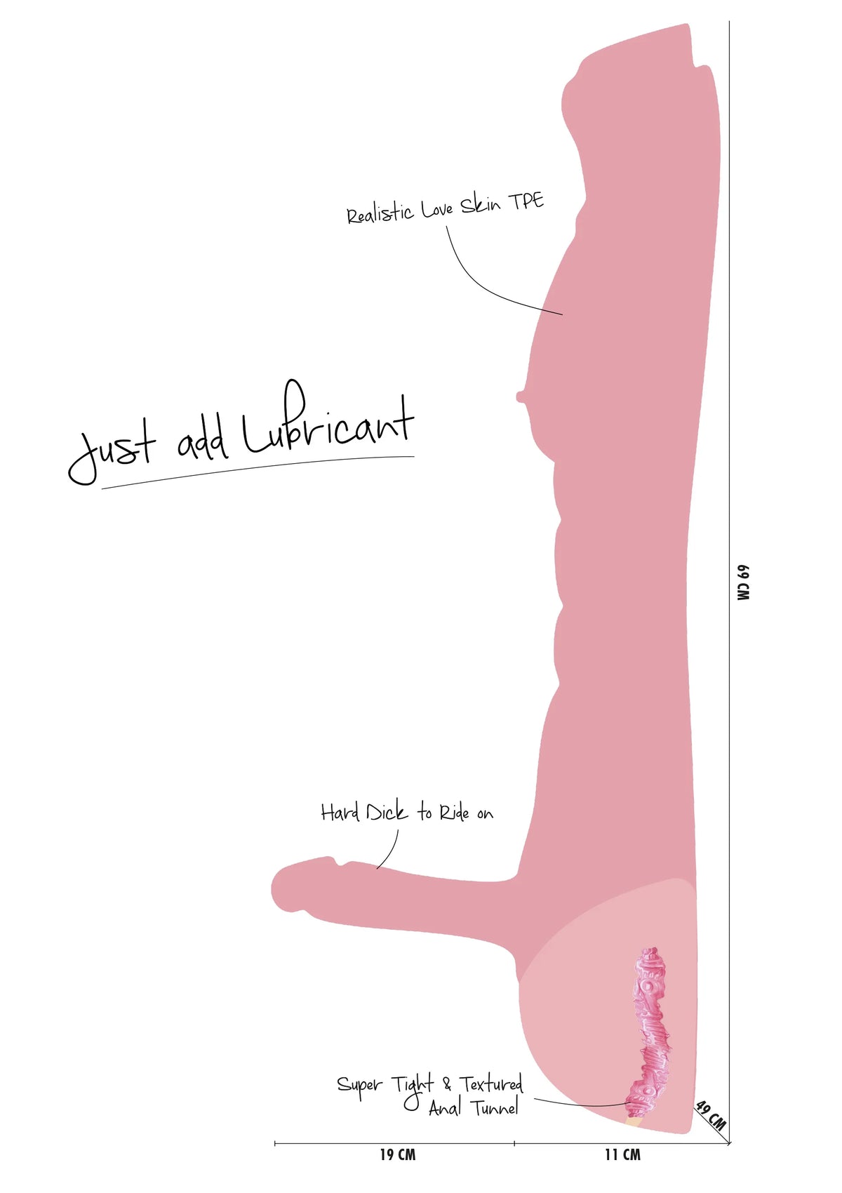 Infografiek bij de mannelijke sekspop: instructie en afmetingen, roze zijaanzicht