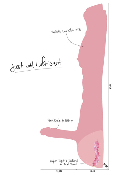 Infografiek bij de mannelijke sekspop: instructie en afmetingen, roze zijaanzicht