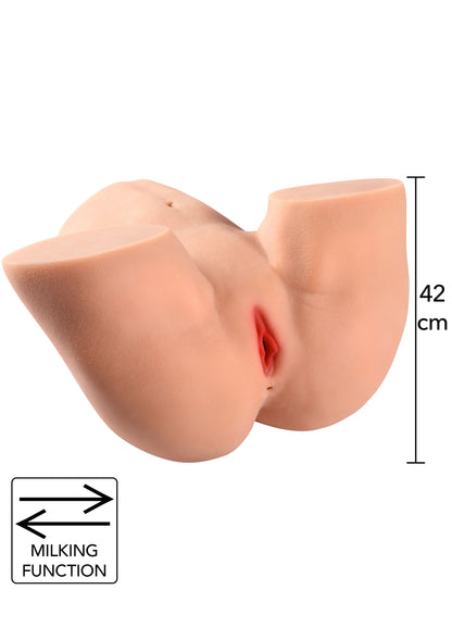 Realistische seksspeeltje met melksysteem, roze vorm met rood detail en opening