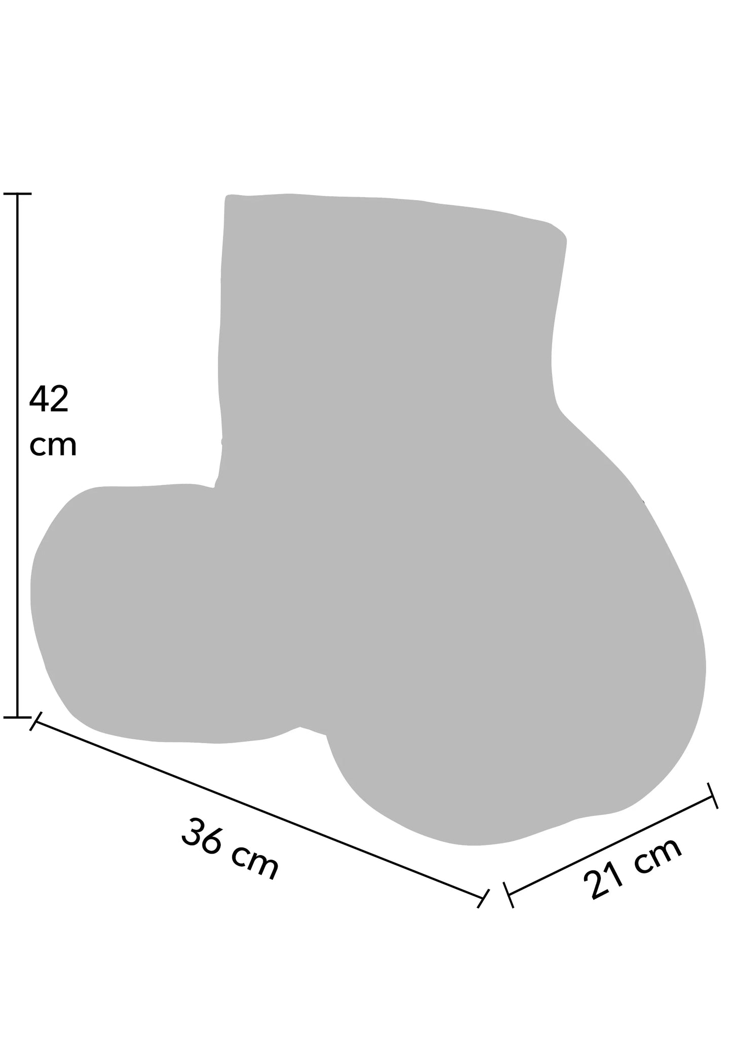 Afmetingsschema van roze seksspeeltje: 42 cm hoog, 36 cm breed, 21 cm diep