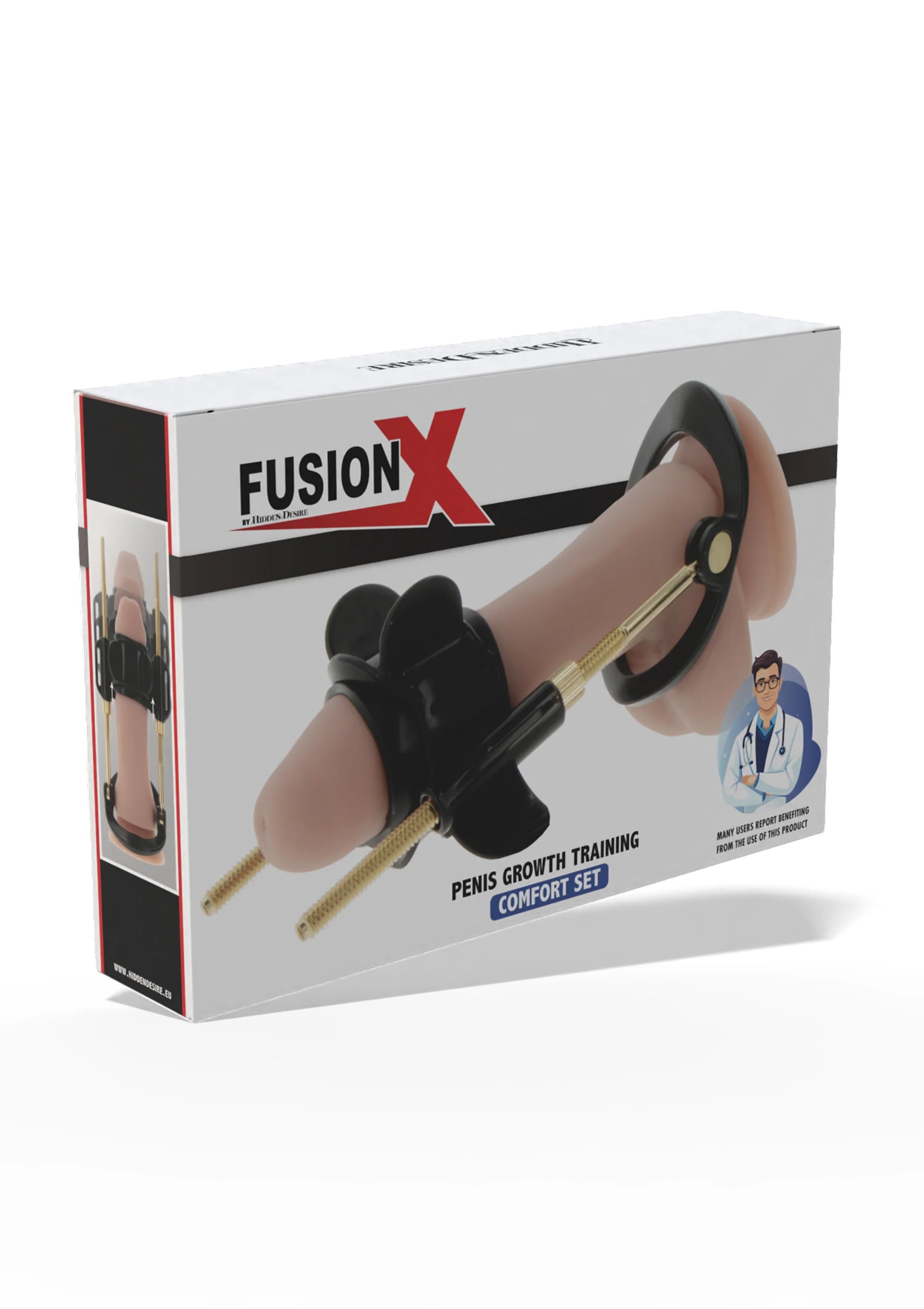 Verpakte FusionX trainingsset met huidkleurige cilinder en zwarte klem.