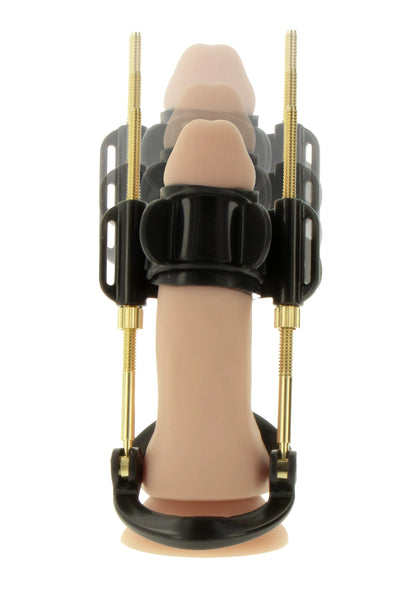 Trainingsapparaat met beige kolf, zwarte klem en gouden schroefstangen.