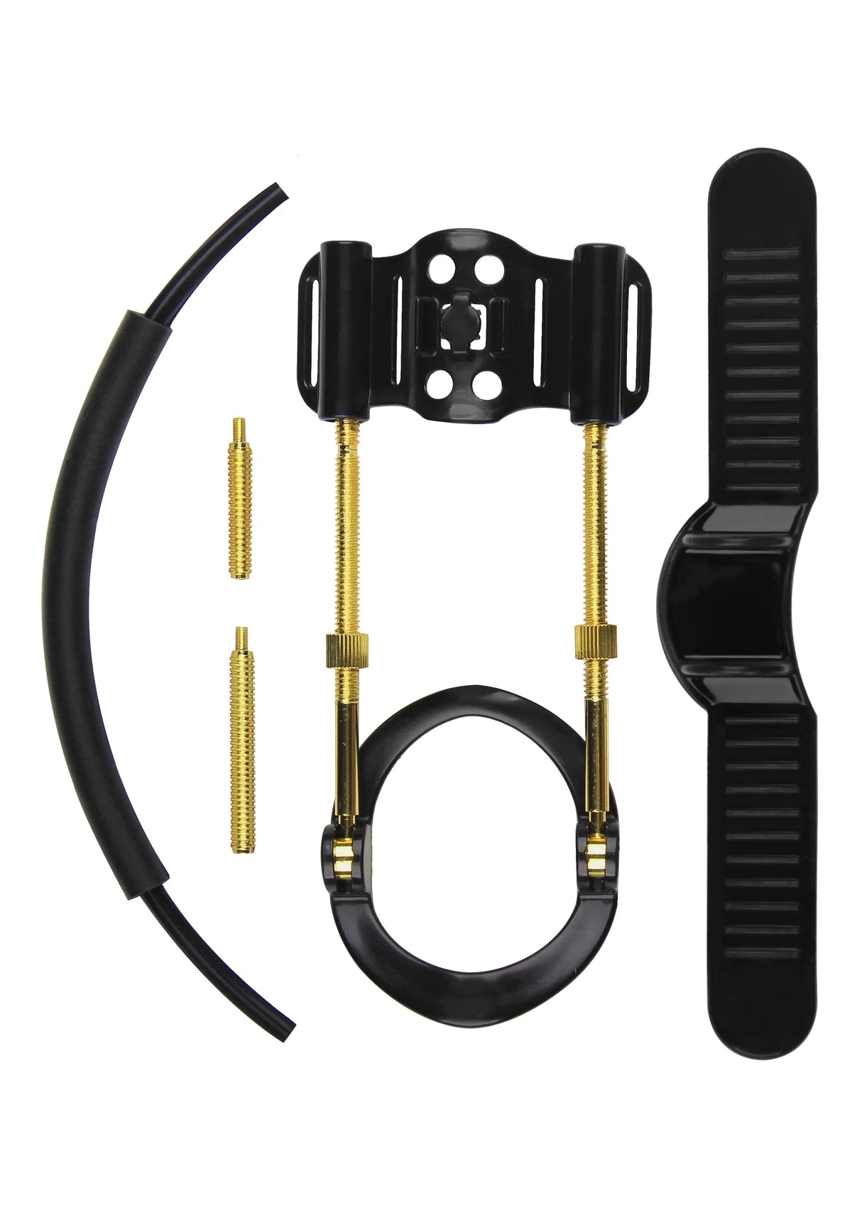 Onderdelen: zwarte houder, ringband, zwarte slang en gouden stangetjes.
