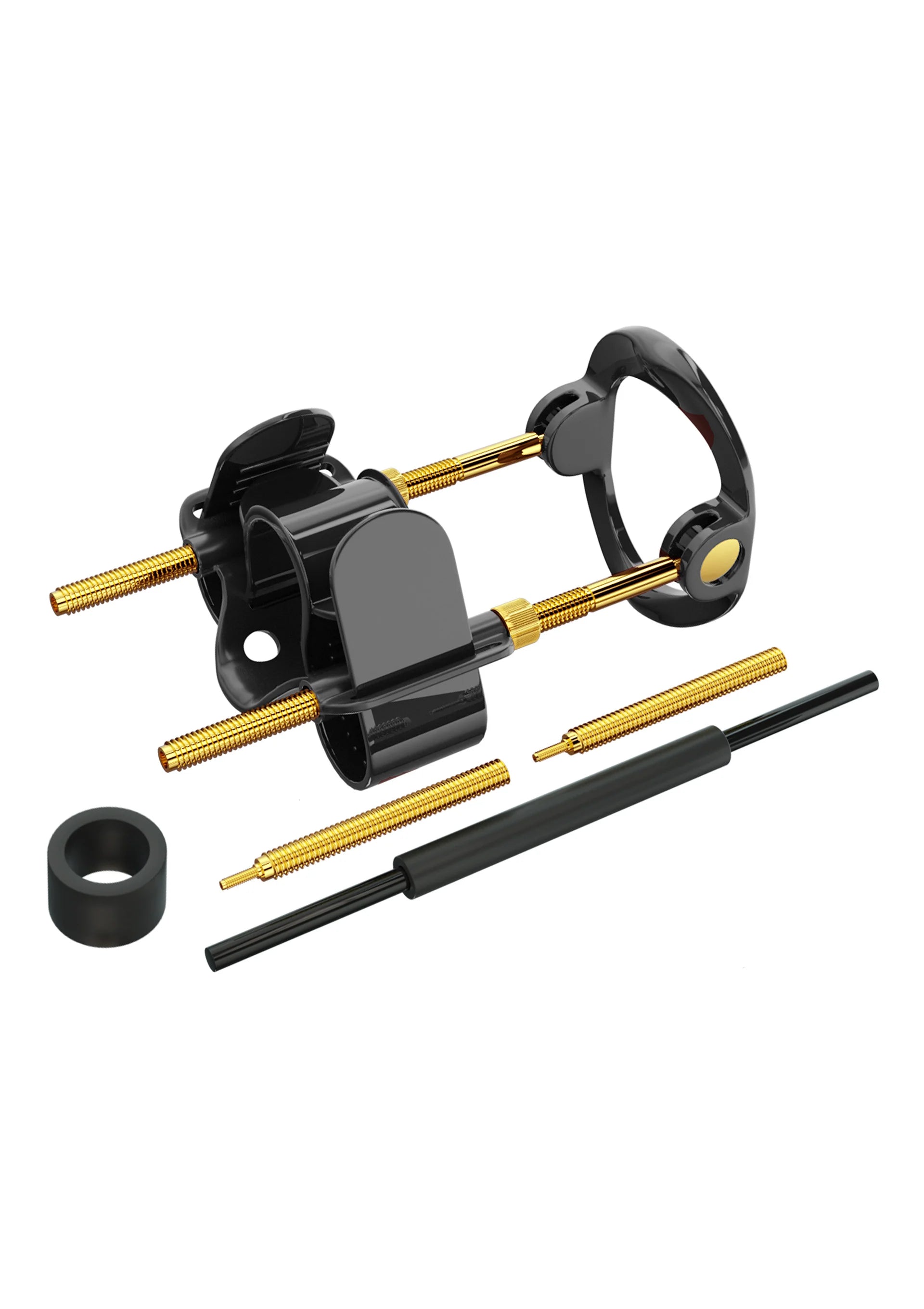Set onderdelen met zwarte cilinderhouder, gouden stangen, ringen en klemmen.