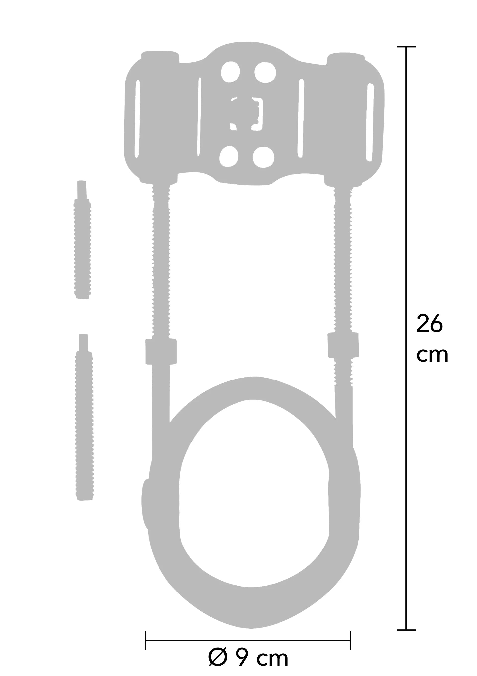 Trainingsapparaat met meetframe, zwarte ring en afmetingen Ø9 cm, 26 cm.