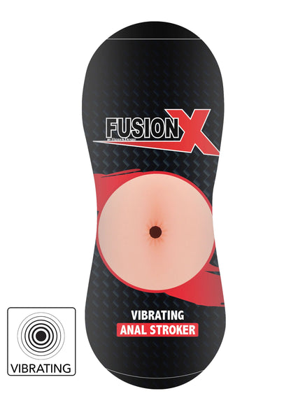 Zwarte Fusion X anaalstroker met rode accent, lichtroze opening en trill-icoon