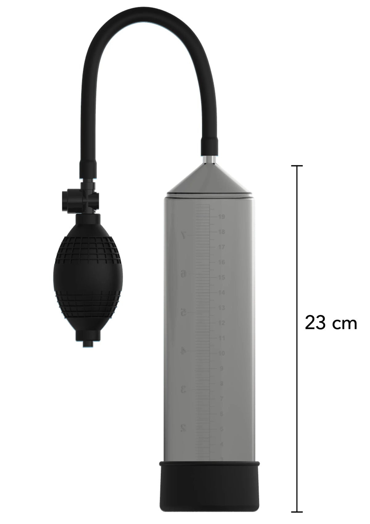 Penis pomp met zwarte handpomp, transparante cilinder en slang, 23 cm
