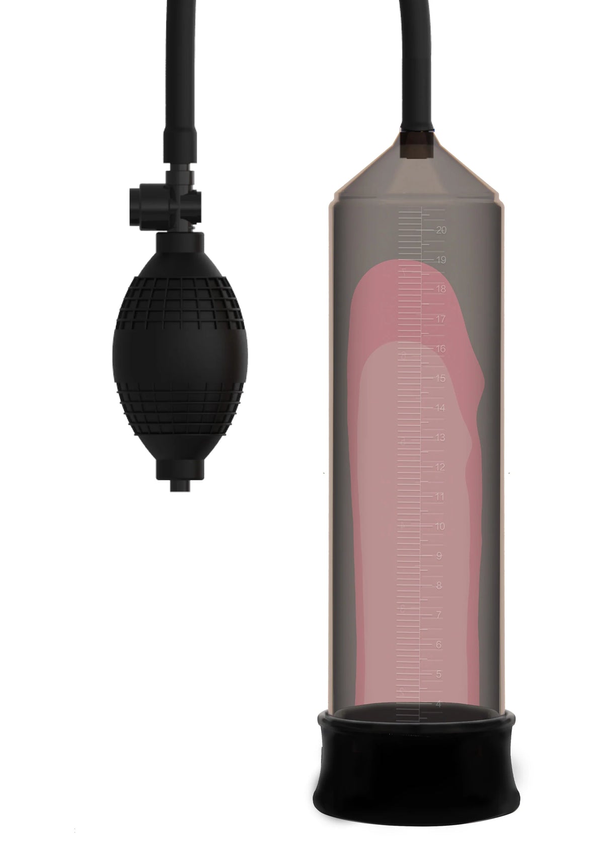 Penispomp met handpomp en doorzichtige cilinder, zwart en grijs, met maatlijnen.