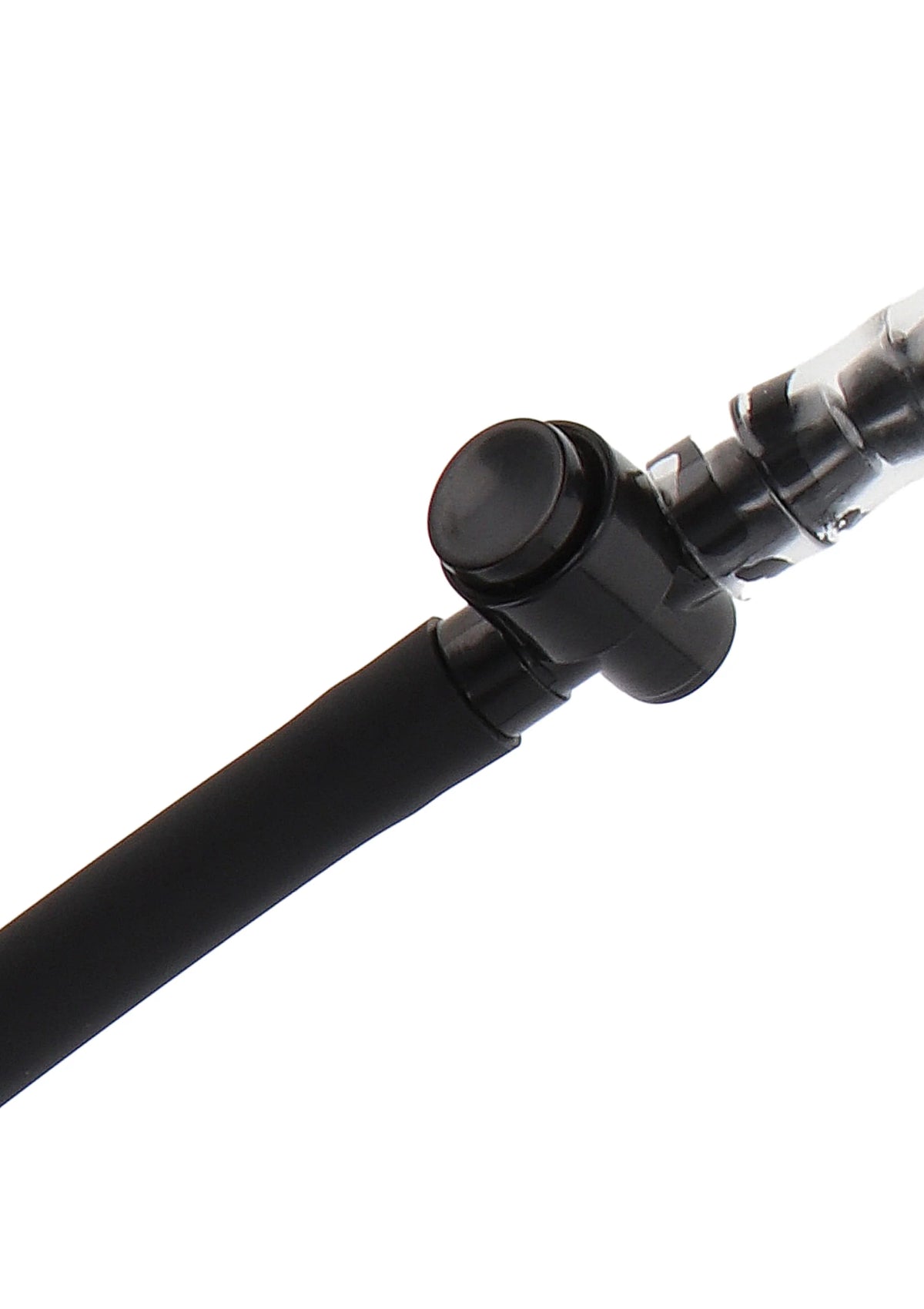Zwarte pompconnector met ronde dop en slang-/buisuiteinde.