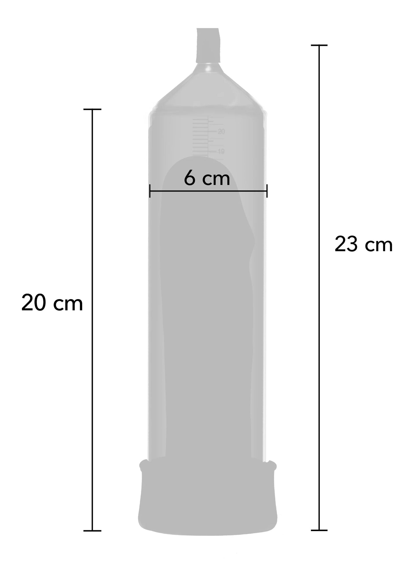 Penispomp met afmetingen: 20 cm hoog en 6 cm breed, lichte cilinder.
