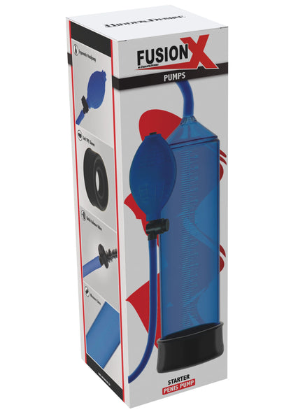 Blauwe penispomp Starter met slang en pompbal, in verpakking van Fusion Pumps.