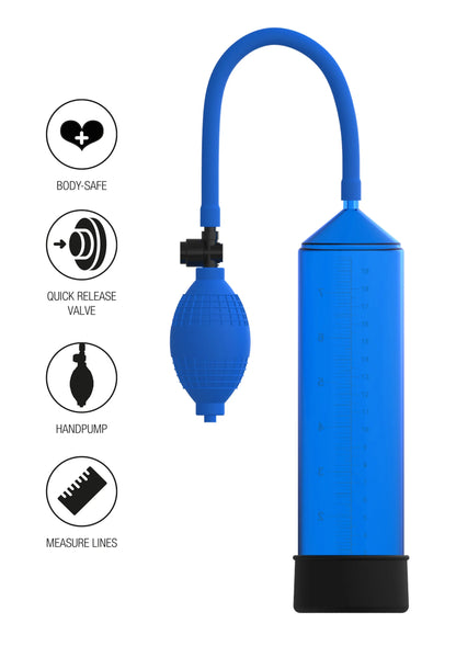 Blauwe penispompset met handpompbal, slang en zwarte basis.