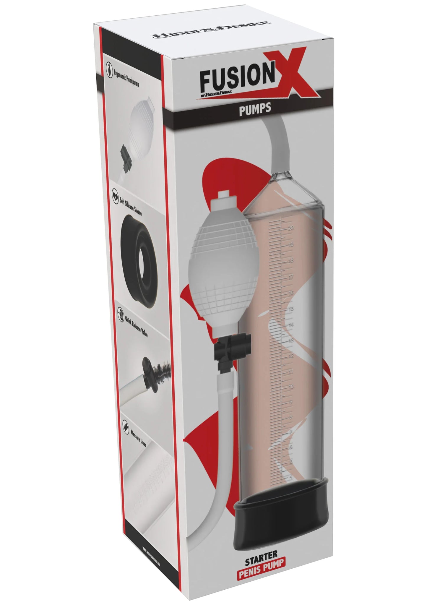 Doos van Fusion penis-pomp Starter met rode en zwarte bedrukking