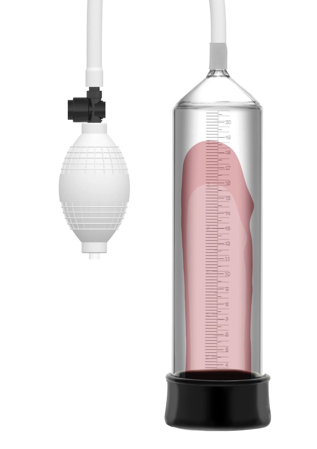 Transparante penispomp met roze meetvoering, zwarte voet en slangaansluiting