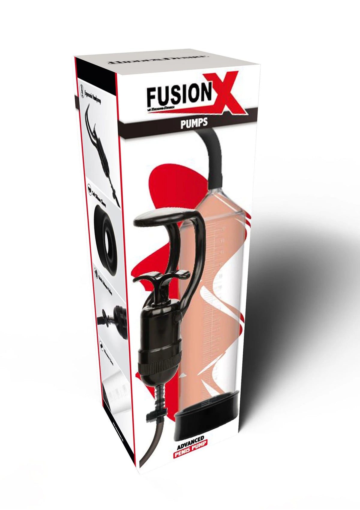 Doosverpakking Fusion X penispomp van Hidden Desire met zwarte handpomp