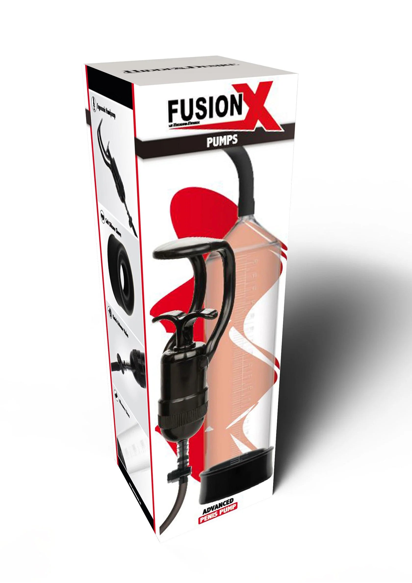 Doosverpakking Fusion X penispomp van Hidden Desire met zwarte handpomp
