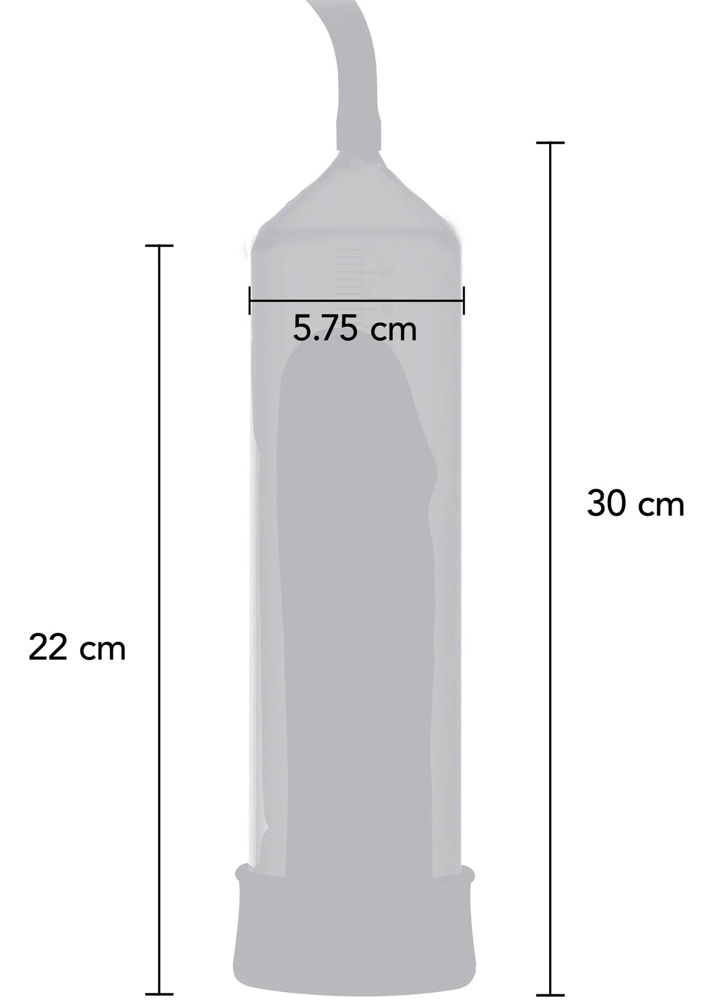 Afmetingen van Hidden Desire penispomp: 22 cm en 30 cm, diameter 5,75 cm