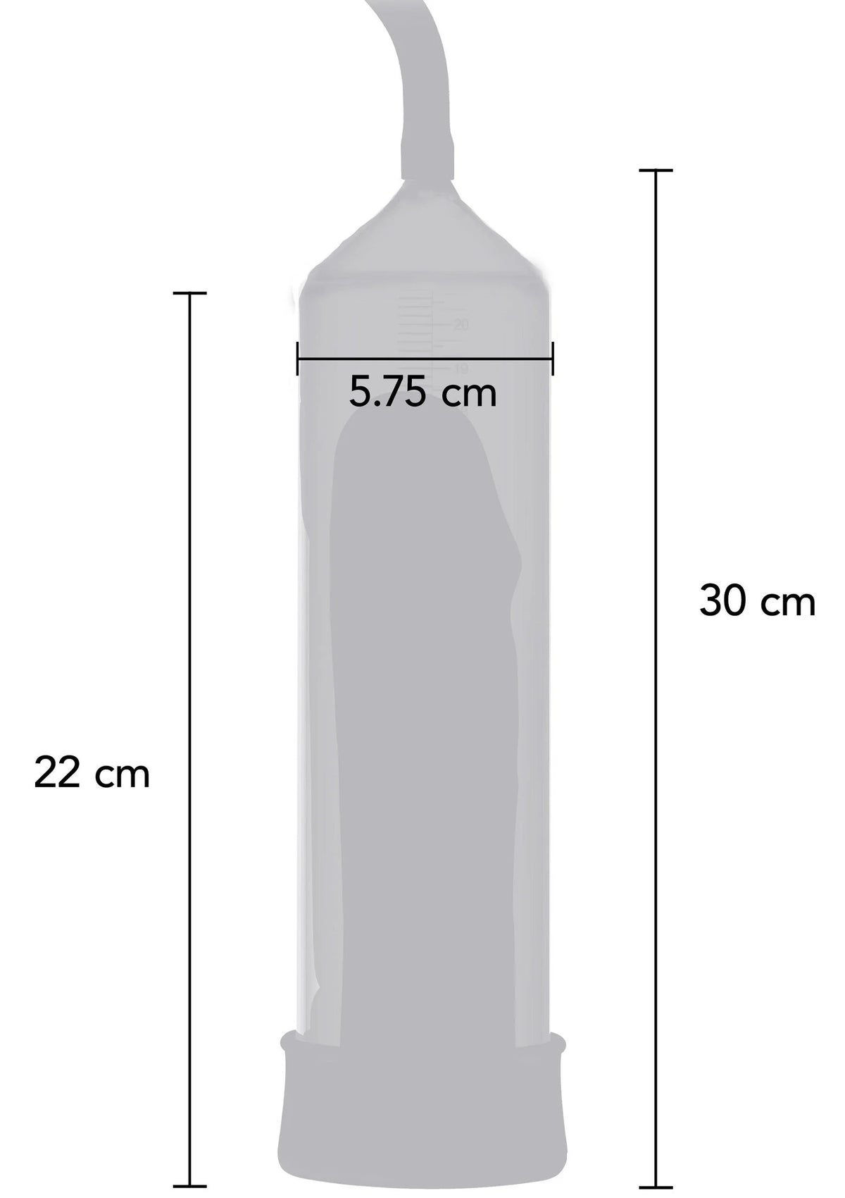 Afmetingen van Hidden Desire penispomp: 22 cm en 30 cm, diameter 5,75 cm