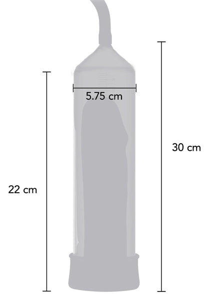 Afmetingen van Hidden Desire penispomp: 22 cm en 30 cm, diameter 5,75 cm