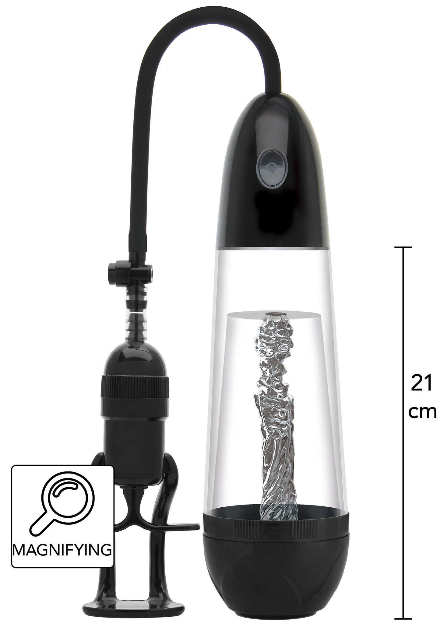 Vergrotende sleeve penispomp met zwarte slang en pompvoet, transparante cilinder van boven