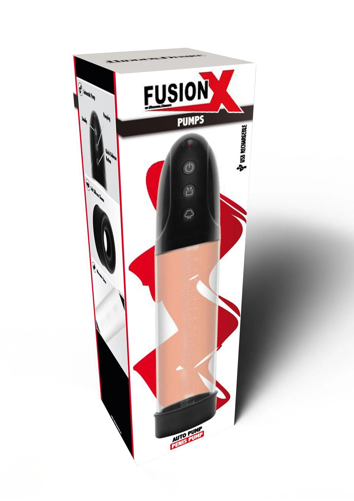 Verpakking van Fusion X automatische penispomp met zwarte pomp en transparante cilinder