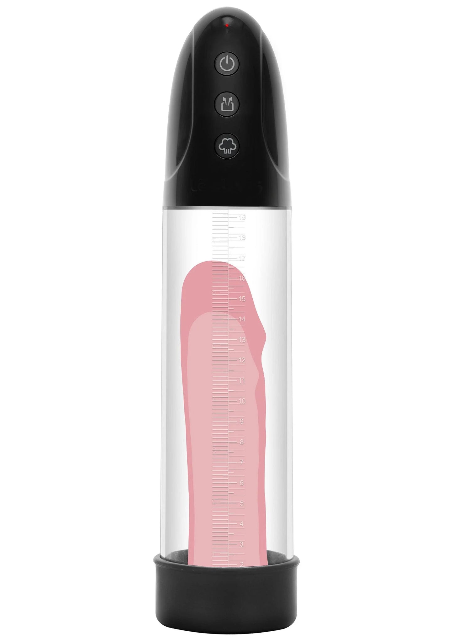 Automatische penis-pomp met zwarte behuizing en roze inzet in doorzichtige cilinder