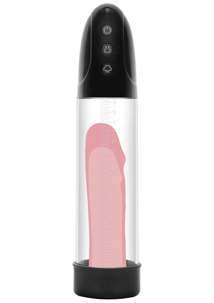 Automatische penis-pomp met zwarte behuizing en roze inzet in doorzichtige cilinder