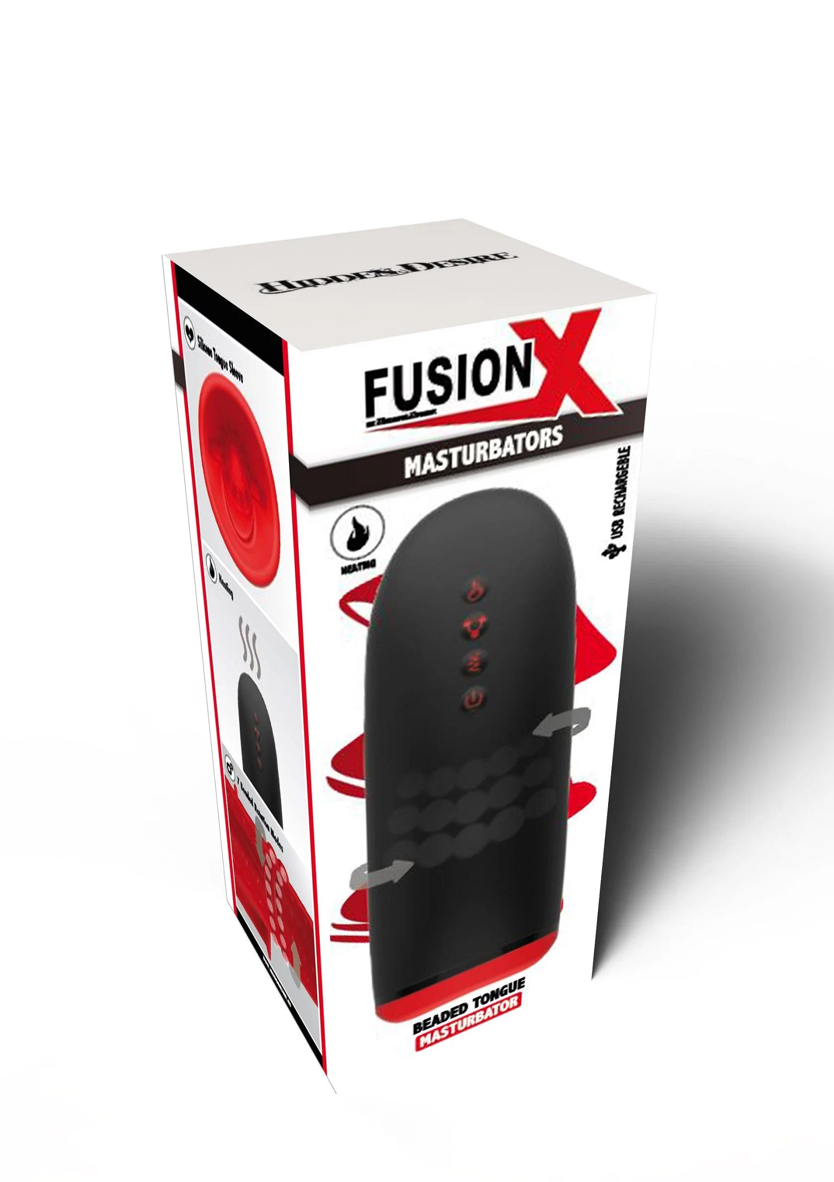 Verpakking van tongmasturbator FusionX met zwart apparaat op de voorkant