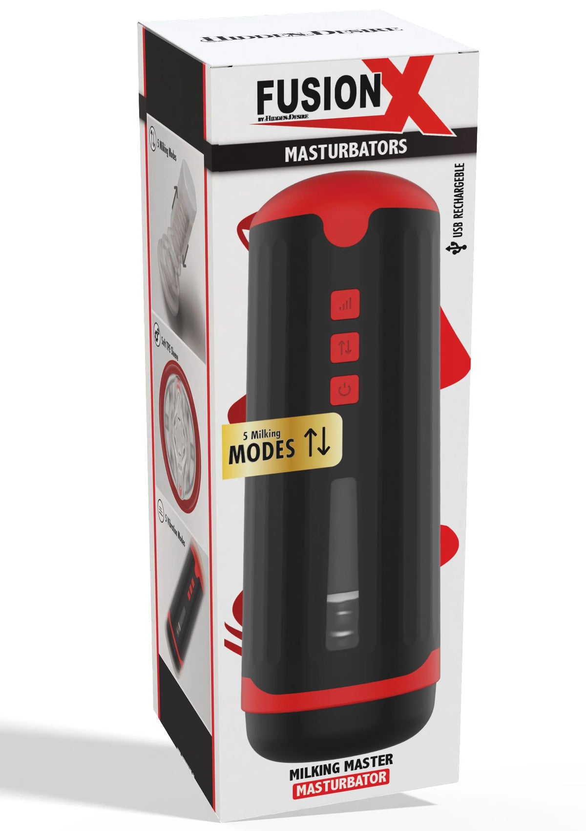Fusion X masturbatorverpakking van Hidden Desire, zwart met rode accenten