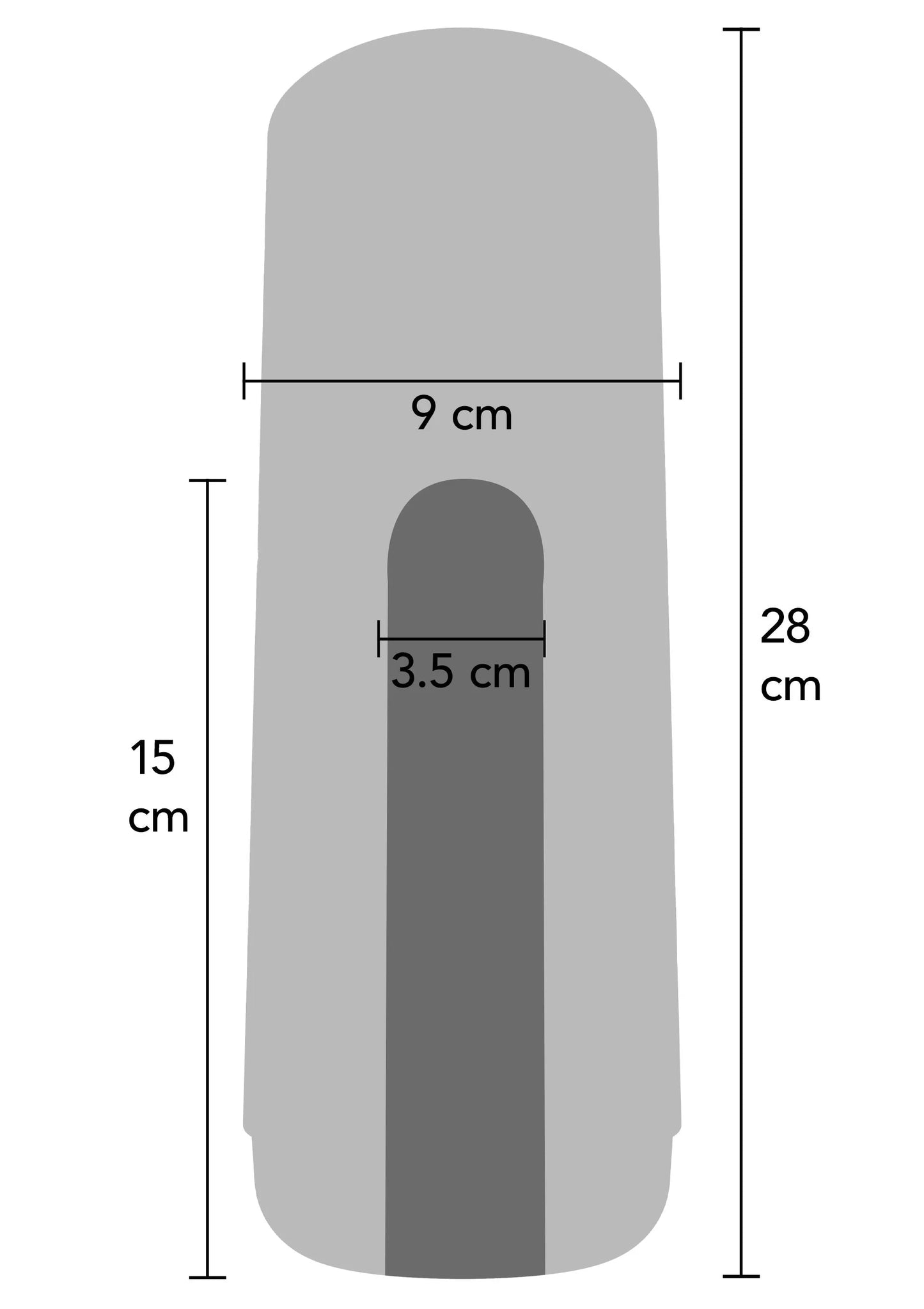 Afmetingsillustratie van masturbator: 9 cm breed en 28 cm hoog
