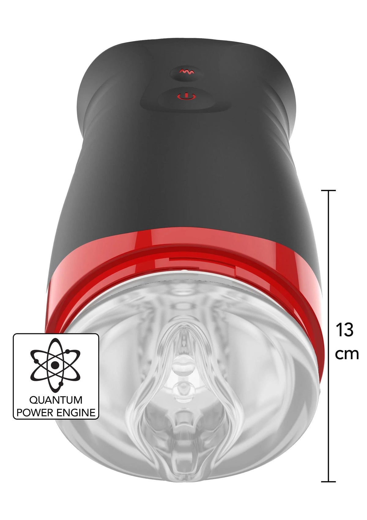 Zwarte masturbator met rode ring, transparante opening en hoogte 13 cm.