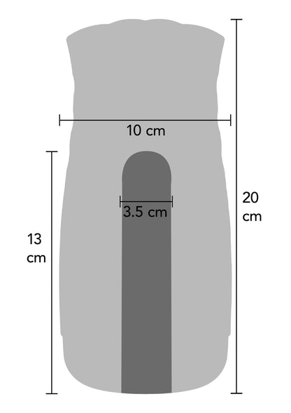 Afmetingenschema van masturbator: 20 cm hoog, 10 cm breed, opening 3,5 cm