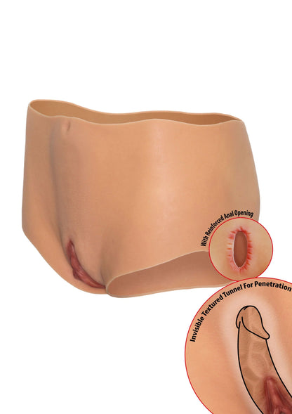 Beige openkruis boxerslip met voor- en achteropening, zijkant weergave